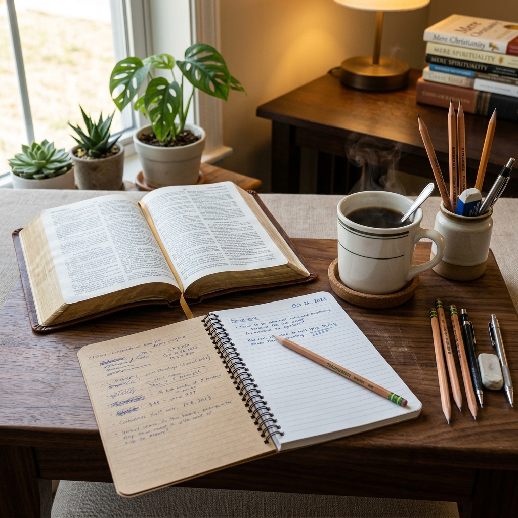 Open book, notebook with handwritten notes, and steaming coffee cup on wooden desk