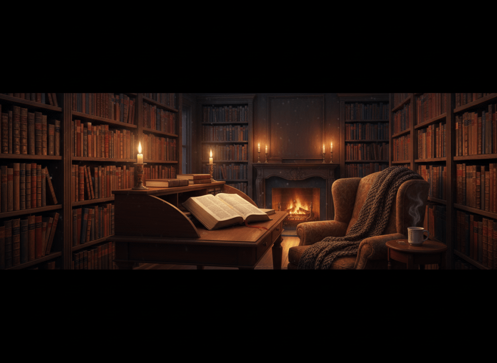 A warm, cozy library scene with rows of leather-bound books on wooden shelves, soft golden candlelight glowing, an open Bible on a reading desk, and a warm inviting atmosphere. Wide landscape format suitable for a page header banner.