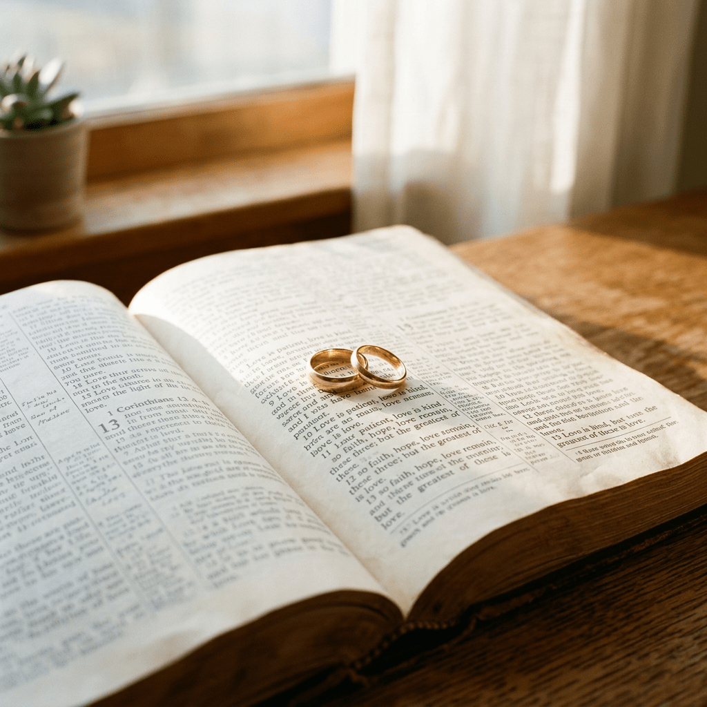 Two gold wedding rings placed on an open Bible with highlighted scripture about love